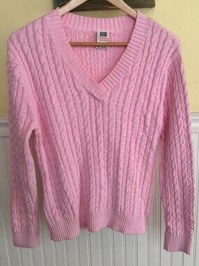 Faded Glory Pink Cable Knit V-Neck Sweater Ladies XL 16/18 100% Cotton
